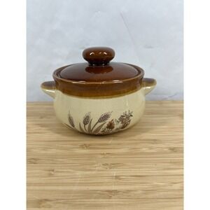 Vintage Stoneware Casserole Dish w Lid Wheat Floral Oven Proof Japan